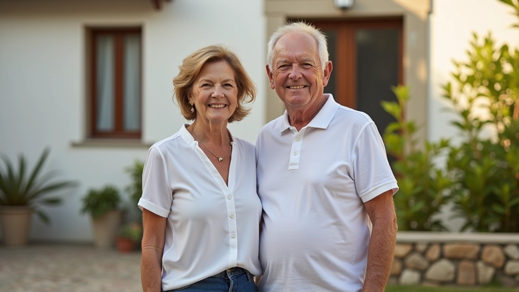 Two people in their 50s standing together in front of a traditional Portuguese house with renovation work visible, professional and relaxed, afternoon light