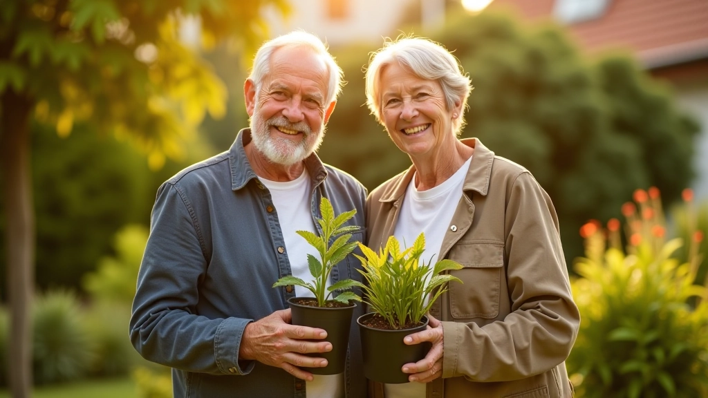 Older man and woman smiling together during a volunteer event, holding plants, community garden setting