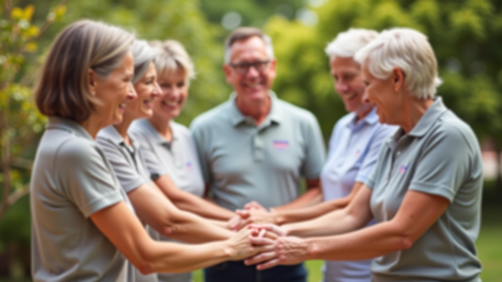 Group of diverse volunteers of different ages working together on a community project, hands together in celebration, outdoor setting with green trees
