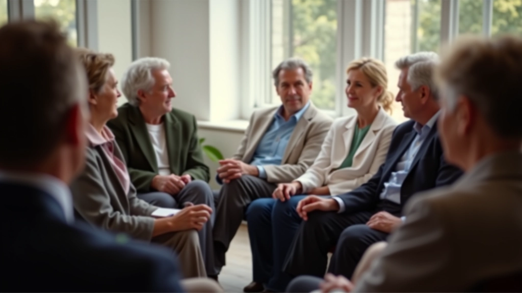 Group of mature adults in Portugal engaging in mentorship and learning conversation in warm, welcoming environment