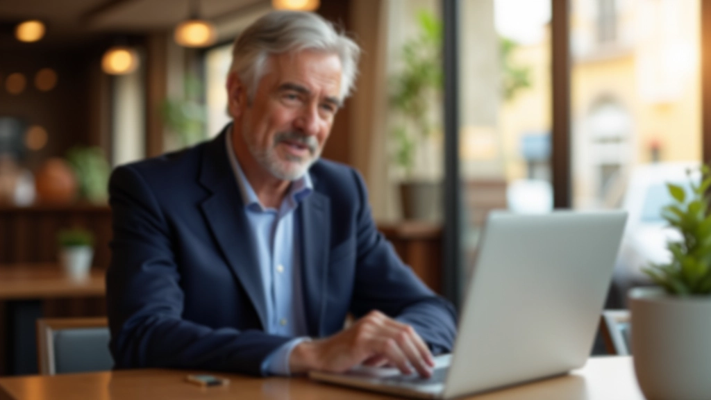 Older man in casual blazer sitting in a bright modern cafe, teaching on a laptop, warm natural light from window, engaged expression
