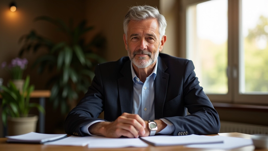 Man in his 50s working at a desk with notebook and pen, surrounded by papers with notes and sketches, natural window light, concentrated expression