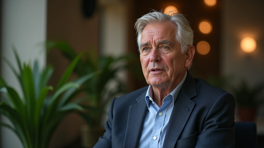 Two professionals in conversation at a coffee table, one older mentoring the younger, relaxed office setting with plants