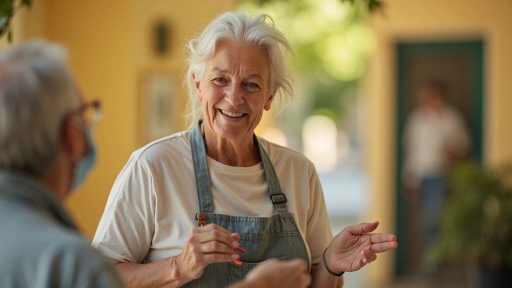 Mature volunteer in Portugal confidently helping in community setting, showing purposeful second act in action