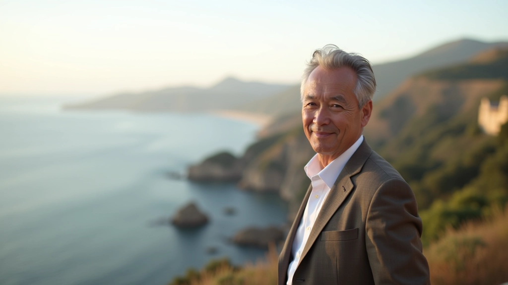 Mature professional in Portugal looking out at beautiful coastal landscape with purpose and confidence