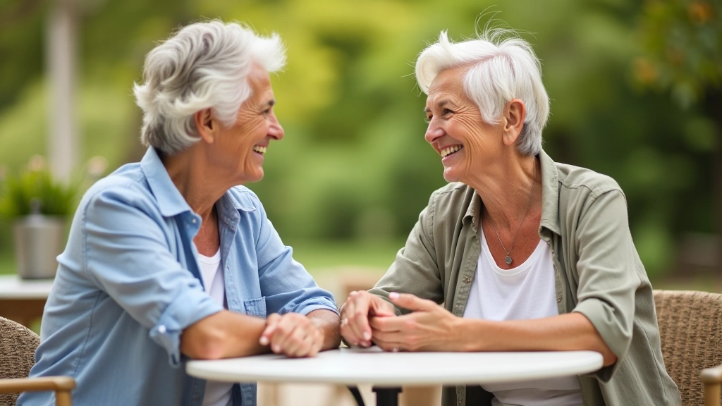 Two people in their 50s having a conversation at a cafe, smiling and engaged, natural outdoor setting with plants in background, warm afternoon light
