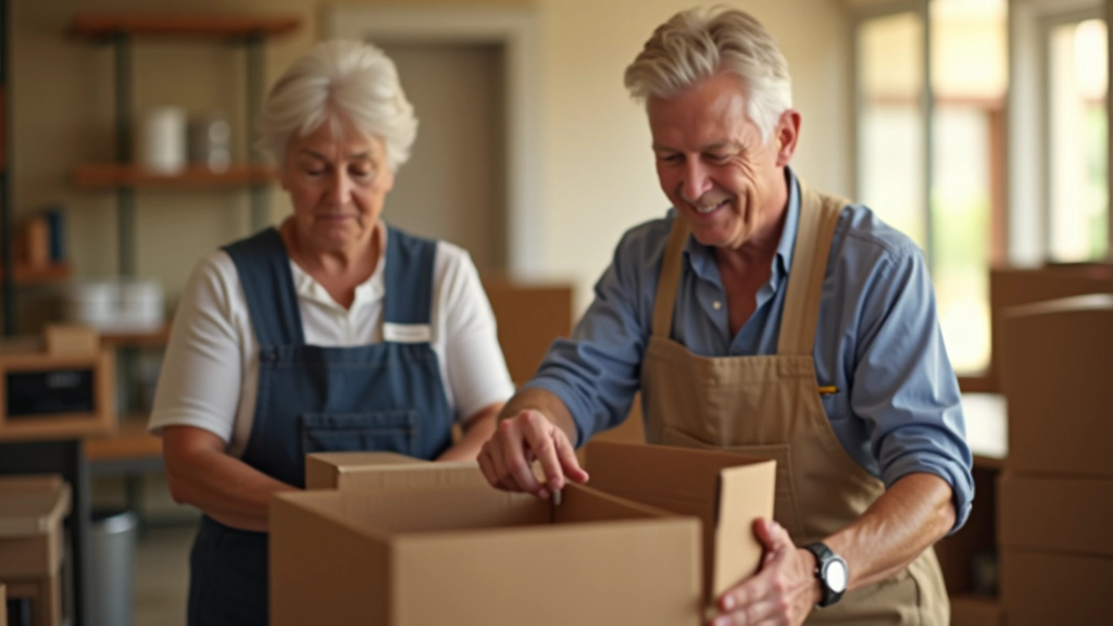 Senior volunteers working together in a bright community center, laughing and organizing materials on shelves, warm natural lighting