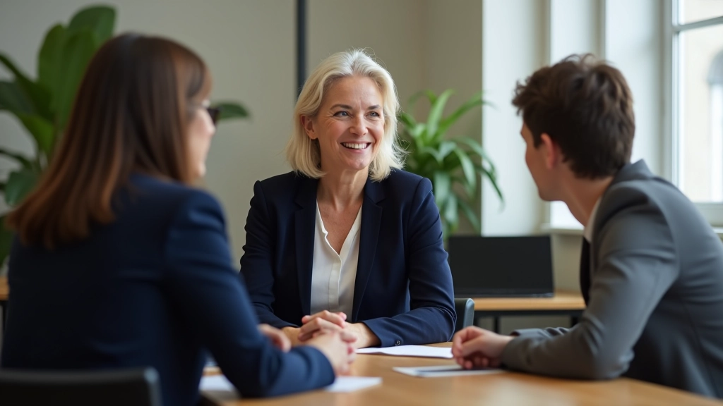 Two professionals in a modern office space having a focused conversation, one taking notes while the other shares insights