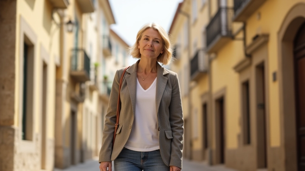 Woman in her 50s walking through a historic town street in Portugal, smiling, bright daylight, picturesque architecture