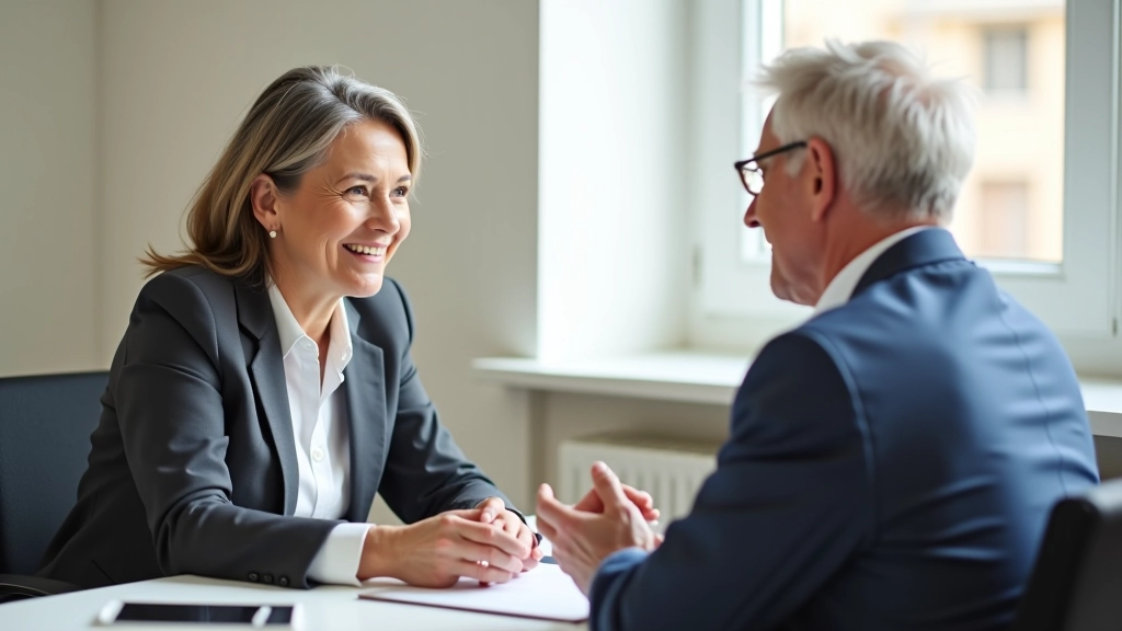Volunteer coordinator and new volunteer having a friendly conversation at an office desk, looking at papers together, natural lighting