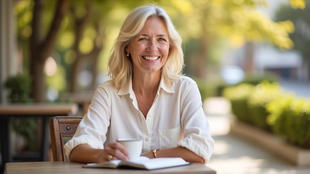 Woman in her 50s sitting at a cafe table with notebook and coffee, looking thoughtful, warm natural light