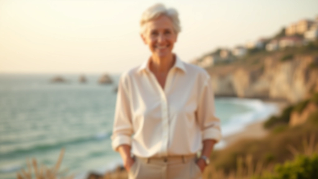 Woman in her 50s in outdoor setting, hands in pockets, relaxed smile, Cascais coastline in soft focus behind her, golden hour light